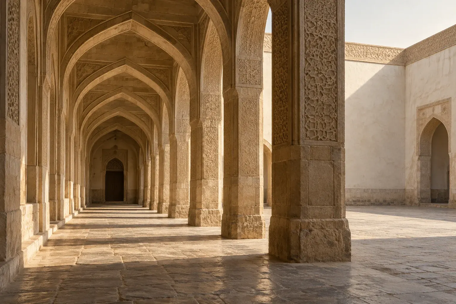 Stone arcade of a historic madrasa in late-afternoon light