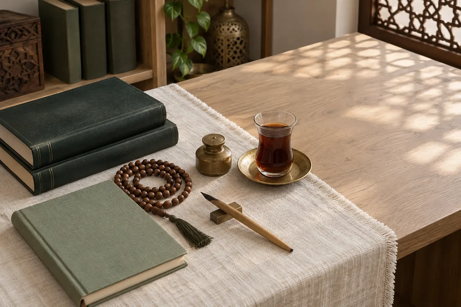 A study desk with closed books, a notebook, a reed pen and inkwell, prayer beads and a glass of tea